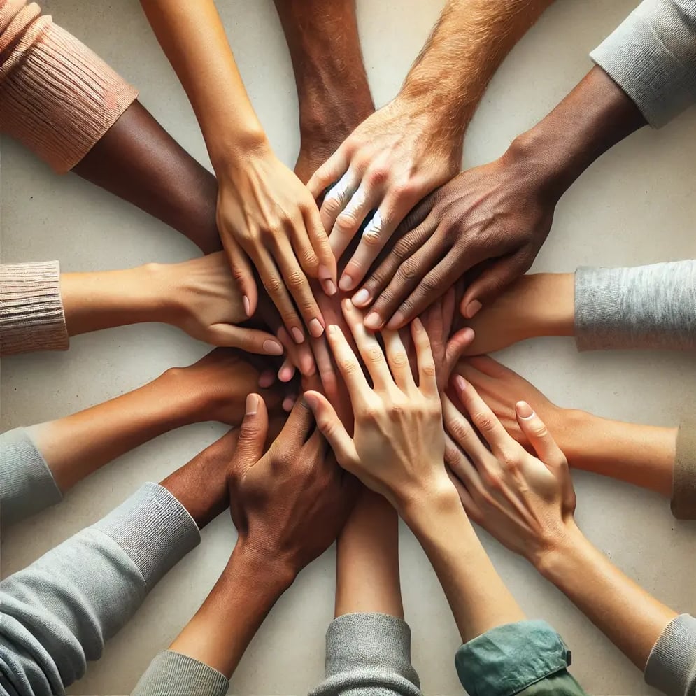 DALL·E 2024-12-22 18.10.22 - A realistic image of diverse hands coming together in a supportive gesture, representing unity and collaboration. The hands are of various skin tones,